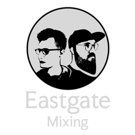 Logo in schwarz weiß im Comic-look von Köpfen. Darunter der Schriftzug Eastgate Mixing